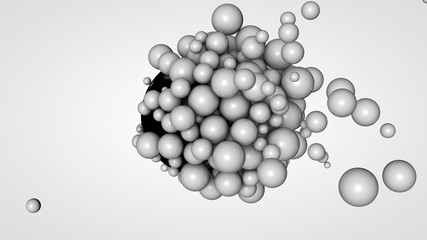 3D rendering of many small balls in the space surrounding a large black ball. The idea of chemical interaction. Futuristic, abstract composition for the background. Image isolated on white background.