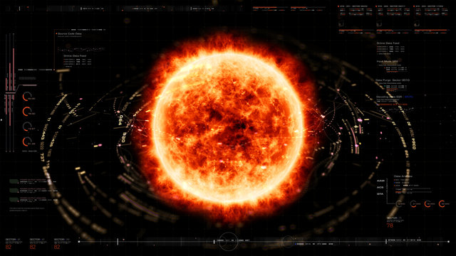 Futuristic motion graphic user interface head up display screen with Holographic Sun Corona Particles and digital data telemetry information display for digital background