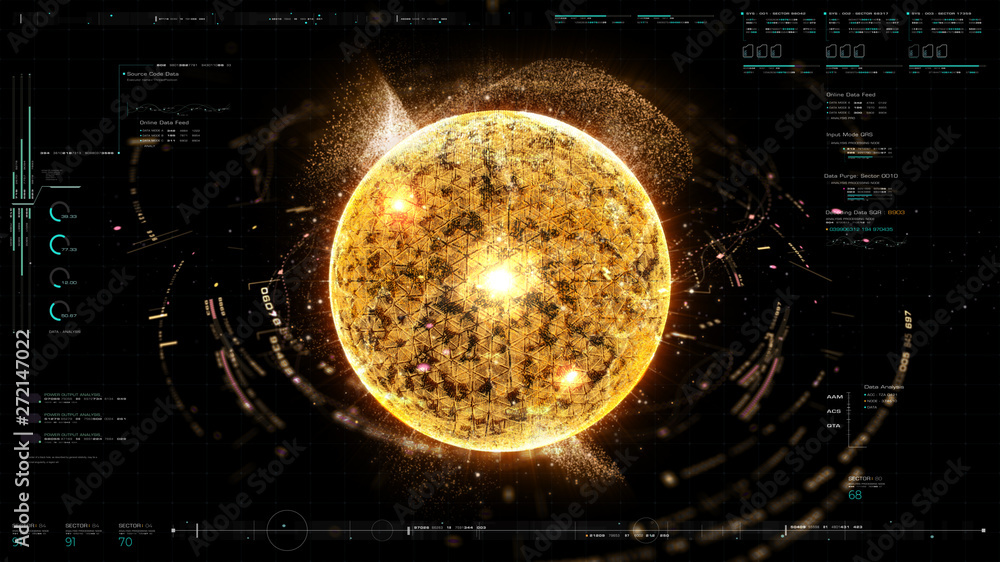 Poster Futuristic graphic user interface head up display screen with digital holographic Nuclear Fusion energy simulator 3D illustration for digital background
