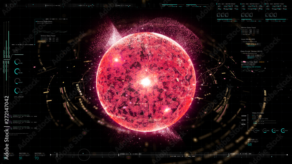 Poster Futuristic graphic user interface head up display screen with digital holographic Nuclear Fusion energy simulator 3D illustration for digital background