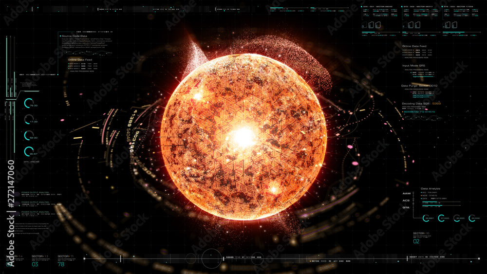 Fototapete Futuristic graphic user interface head up display screen with digital holographic Nuclear Fusion energy simulator 3D illustration for digital background