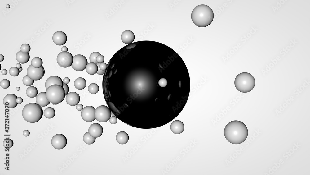 Poster 3d rendering of many small balls in the space surrounding a large black ball. the idea of chemical i