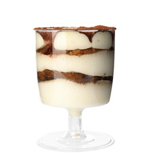 Delicious tiramisu cake in glass isolated on white