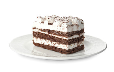 Plate of tiramisu cake isolated on white