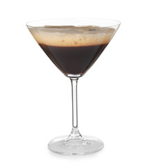 Glass of Espresso Martini on white background. Alcohol cocktail