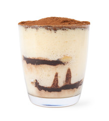 Delicious tiramisu cake in glass isolated on white