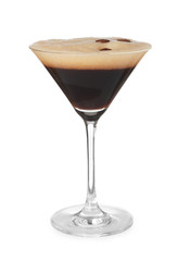 Glass of Espresso Martini on white background. Alcohol cocktail