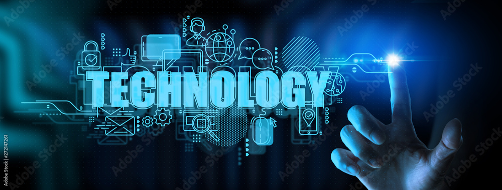 Poster business hand touching the future of UI all technology and virtual screen computer concept.