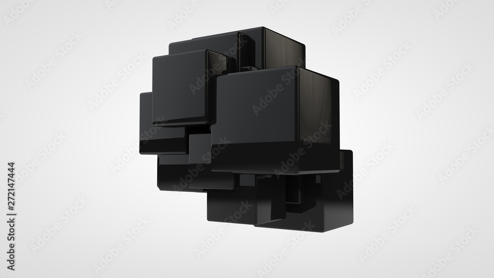 Poster 3d rendering of many black cubes of different sizes, randomly arranged in space on a white backgroun