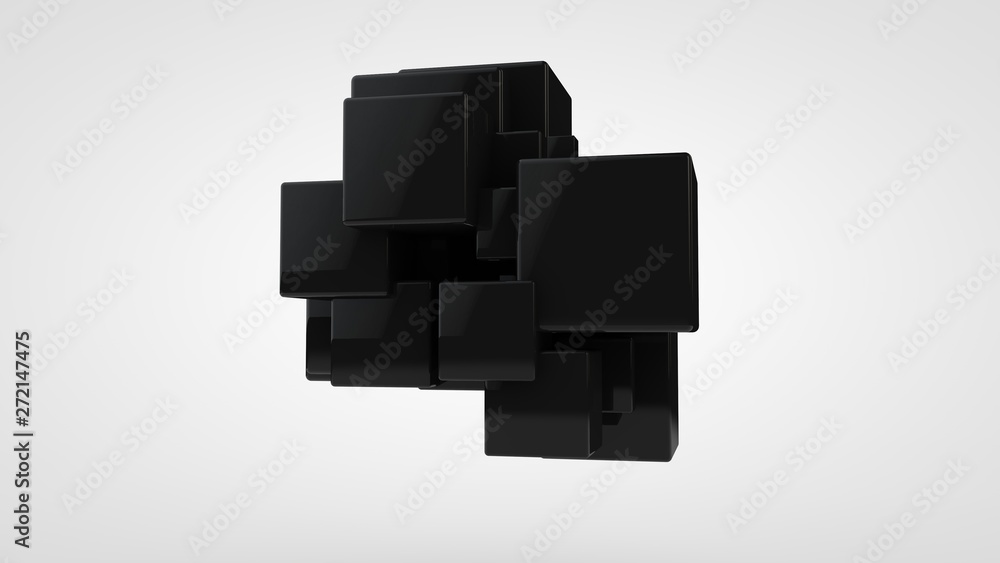 Poster 3d rendering of many black cubes of different sizes, randomly arranged in space on a white backgroun