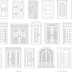 Doors coloring book seamless pattern - black and white house entrance design from medieval to modern
