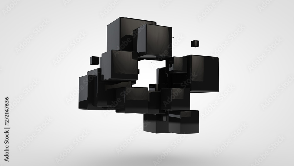 Aufkleber 3d rendering of many black cubes of different sizes, randomly arranged in space on a white backgroun