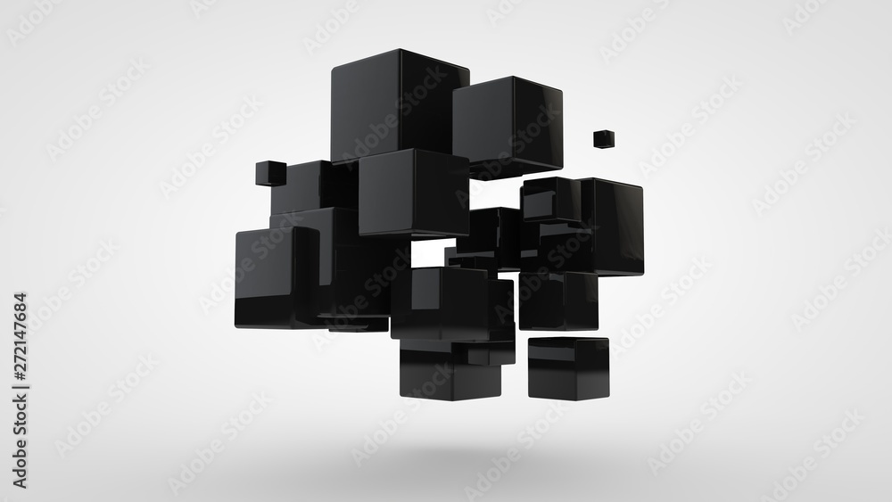 Poster 3d rendering of many black cubes of different sizes, randomly arranged in space on a white backgroun