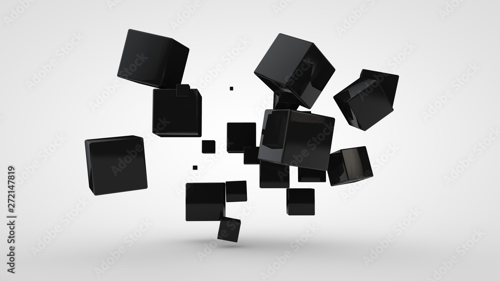 Poster 3d rendering of many black cubes of different sizes, randomly arranged in space on a white backgroun