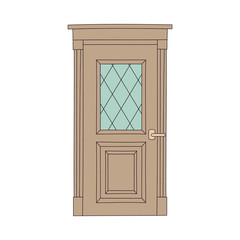 Brown door with wooden frame and glass window, classic architecture element with wood decorations