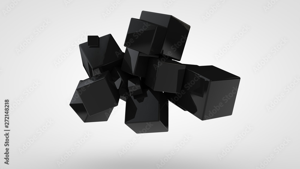 Poster 3d rendering of many black cubes of different sizes, randomly arranged in space on a white backgroun