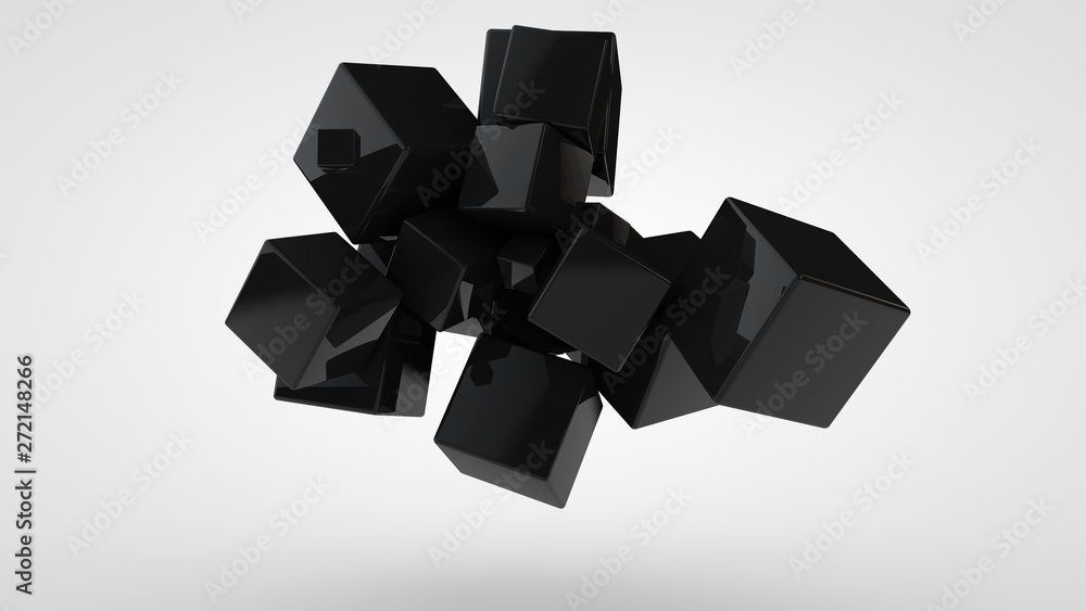 Poster 3d rendering of many black cubes of different sizes, randomly arranged in space on a white backgroun