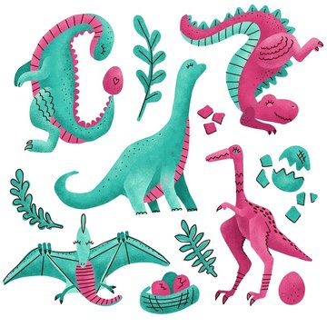 Set of 5 Cute dinosaur color hand drawn textured characters. Dino flat handdrawn clipart. Sketch jurassic reptile. pterodactyl, Tyrannosaurus. Isolated cartoon illustration for kids game,book, t-shirt