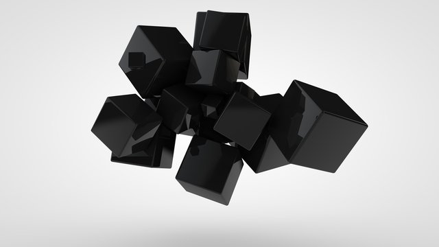 3D rendering of many black cubes of different sizes, randomly arranged in space on a white background. Abstract, futuristic composition of ideal geometric shapes.