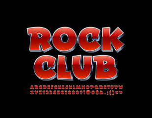 Vector modern banner Rock Club. 3D Red and Metal Font. Isometric Alphabet Letters, Numbers and Symbols