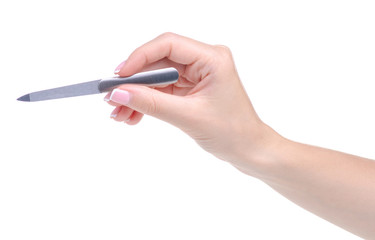 nail file in hand on white background isolation