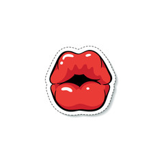 Female kissing mouth with glossy red makeup cartoon pop art style