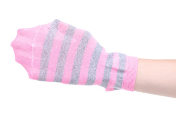 Pink socks in hand on white background isolation