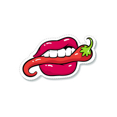 Sexy woman's mouth or lips clamps a hot chilli pepper vector illustration isolated.