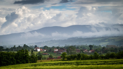 Village landscape, cloudy rain day. Village Gruza near the Kragujevac.