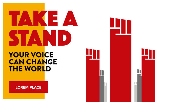 TAKE A STAND Ad Template. People Protesting For Social Cause. Vector Illustrations Hand Raised High.