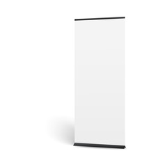 Realistic vertical pop up banner mockup. Long white poster display for board presentation or show promotion, blank template for advertising