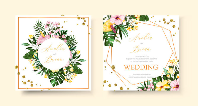 Wedding tropical exotic floral golden geometric triangular frame invitation card