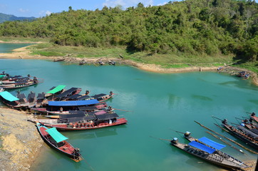 Fototapeta na wymiar Khao Sok National Park in Thailand - Fishing Boats