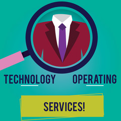 Conceptual hand writing showing Technology Operating Services. Business photo showcasing Offer specialized technologyoriented results Magnifying Glass Enlarging a Tuxedo and Label Tag Below