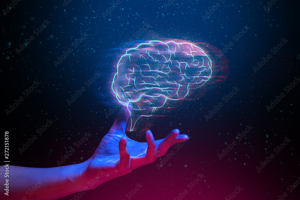 Poster robot brain digital data ai global network technology hologram with light and hand of human in sci-f