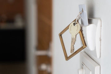 Rustic copper key with key card, made in Germany, for hotel resort spa mounted on wall to activate room. Includes large square copper copper key chain.
