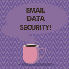 Text sign showing Email Data Security. Conceptual photo collective measures used to secure access and content Mug photo Cup of Hot Coffee with Blank Color Speech Bubble as Steam icon