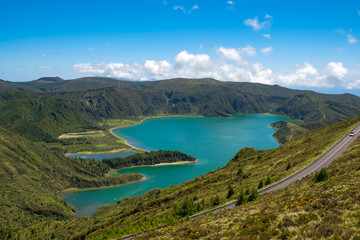 Beautiful view of the road to background volcanic lakes and forest. Azores, Sao Miguel, Portugal