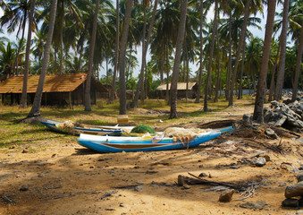 Fototapeta na wymiar Fishing boats on the beach in the southern tropical resort in summer.