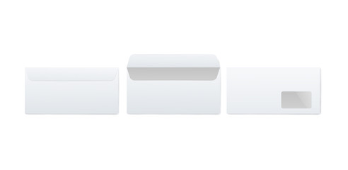 Realistic mockup of white blank paper envelope set from front and back view open and closed