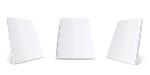 Blank white magazine mockup set. Paper document or book collection with empty front cover from front and side view