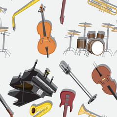 Naklejka premium Seamless pattern with musical instruments on the white background. Vector illustration.