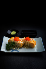 Creative Japanese food.Tamago Yaki, egg sushi