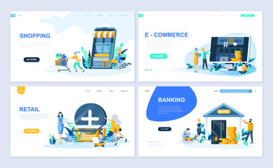 Obraz na płótnie Canvas Set of landing page template for Online Shopping, E-commerce, Retail, Internet Banking. Modern vector illustration flat concepts decorated people character for website and mobile website development.