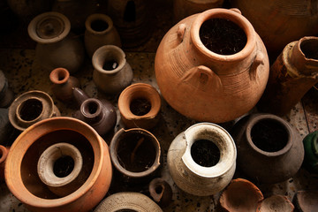Top view a group of ancient pottery vessel.