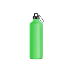 Green aluminium water bottle with metal plug and clip, sport drink container for cycling or hiking trip,