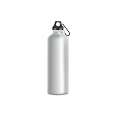 Grey sport bottle mockup, realistic metal water container with stainless steel texture and black lid and climbing clip