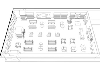 shopping mall, contour visualization, 3D illustration, sketch, outline