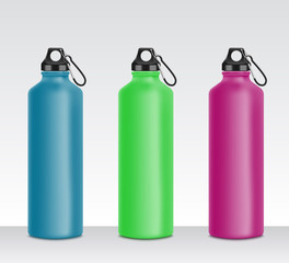 Colorful water bottle set for sport drink, realistic 3D mockup collection of metal beverage containers in blue, green, pink color
