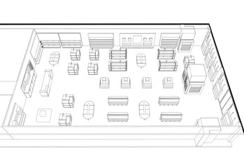 shopping mall, contour visualization, 3D illustration, sketch, outline